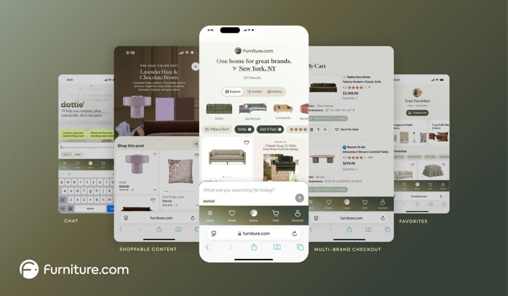 Furniture.com said its new AI-powered platform helps consumers with discovery, comparisons and checkout across multiple brands. | Image credit: Furniture.com press release