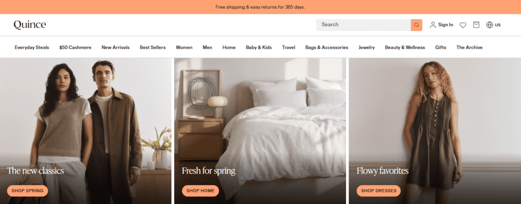 Quince said the $500 million in funding will support international growth and the development of its supply chain. | Image credit: Quince homepage, March 16, 2026