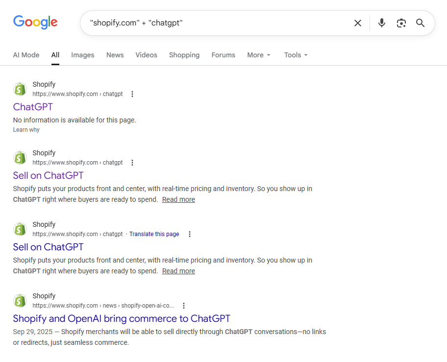 “Shopify puts your products front and center, with real-time pricing and inventory. So you show up in ChatGPT right where buyers are ready to spend,” according to a page describing the integration. | Image credit: Screenshot of a Google search