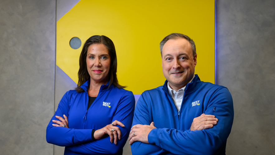 Best Buy CEO Corie Barry (left) and Jason Bonfig, chief customer, product and fulfillment officer. Best Buy has selected Bonfig to succeed Barry as its next CEO. | Image credit: Best Buy press release