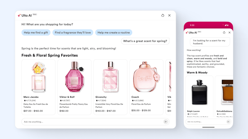 Ulta and Google show the Ulta AI interface for desktop and mobile. | Image credit: Google and Ulta press release