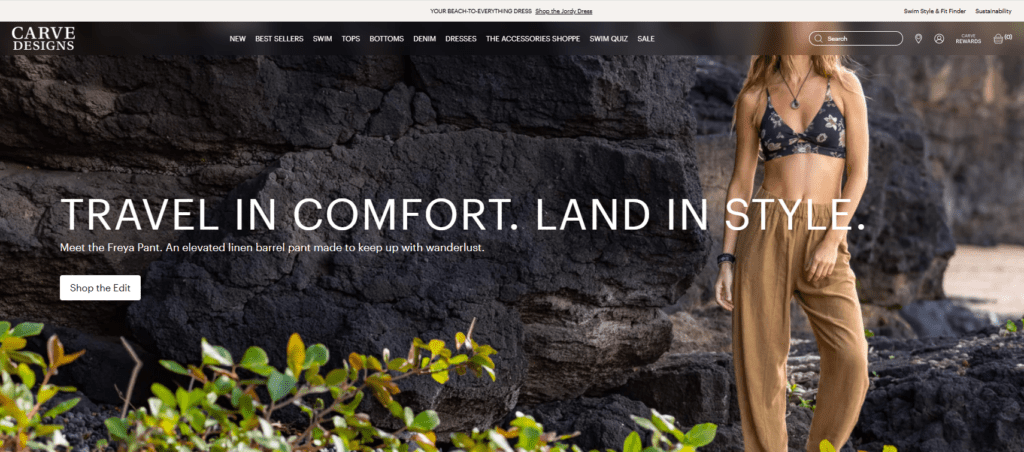 A large part of online sales growth at Carve Designs has been through top-of-funnel marketing, cofounder Thayer Sylvester told Digital Commerce 360. | Image credit: Carve Designs homepage, April 20, 2026