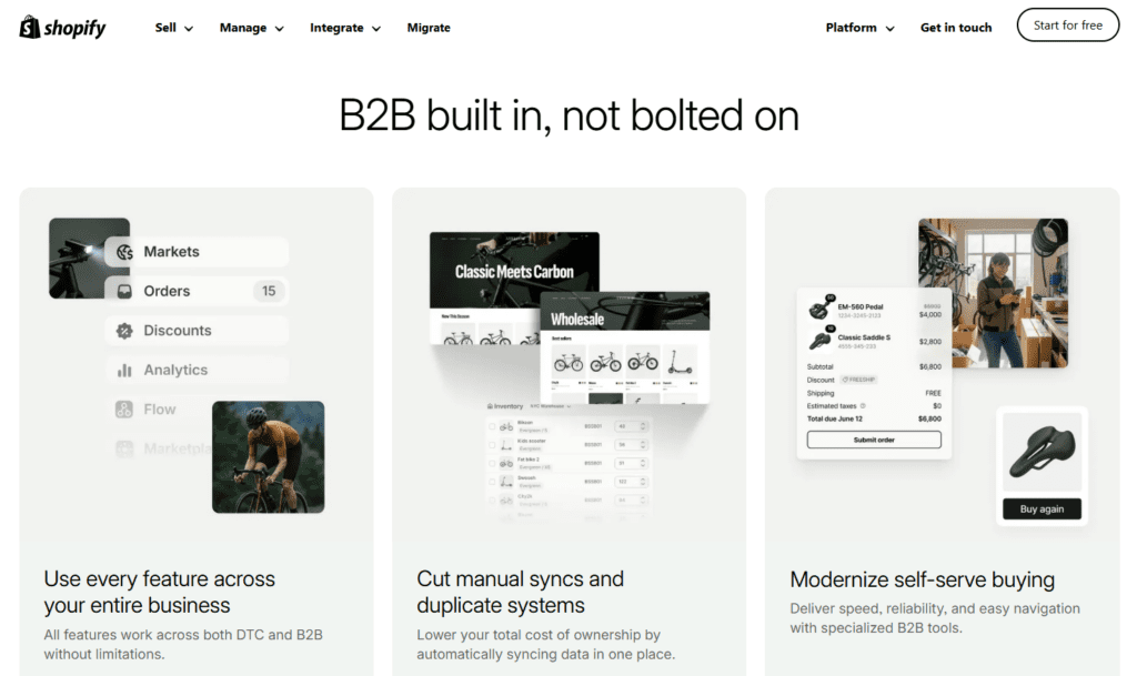 Shopify promotes its increased availability of B2B features on its website. | Image credit: Shopify website, April 2, 2026