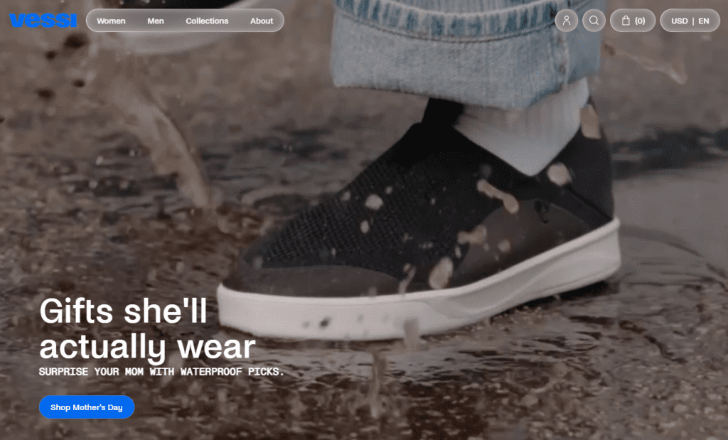 Vessi has opted not to block traffic from artificial intelligence (AI) agents, instead leaning into answer engine optimization (AEO). | Image credit: Vessi homepage, April 29, 2026