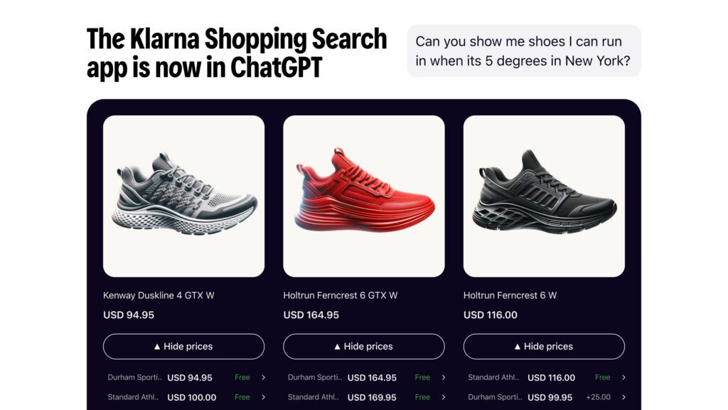 The Klarna Shopping Search app in OpenAI's ChatGPT enables users to describe the products they're looking for and see visual results with up-to-date prices, availability and offers from multiple merchants. | Image credit: Klarna press release