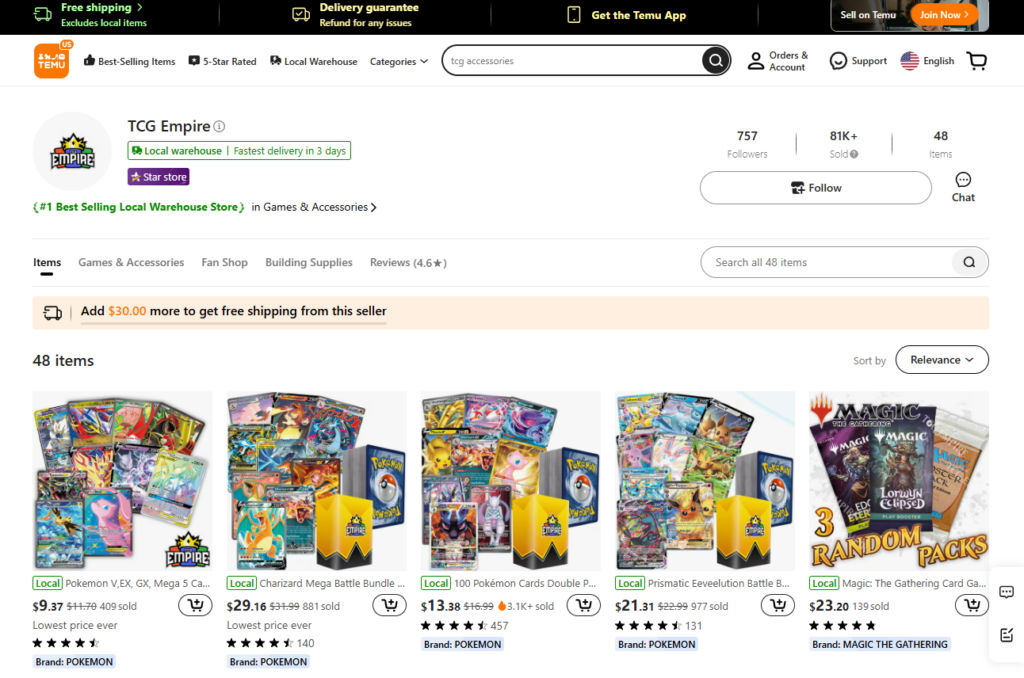 TCG Empire's seller page on Temu features a tag for being the best-selling local warehouse store. | Image credit: Screenshot from seller page