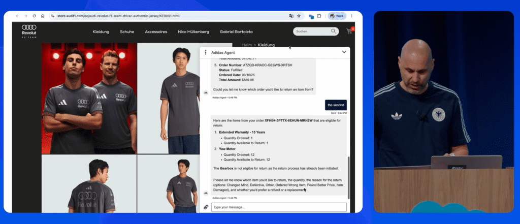 Kasper demonstrates how the Adidas Agent on the Audi F1 ecommerce website helps a user process a product return. | Image credit: Salesforce Plus video screenshot