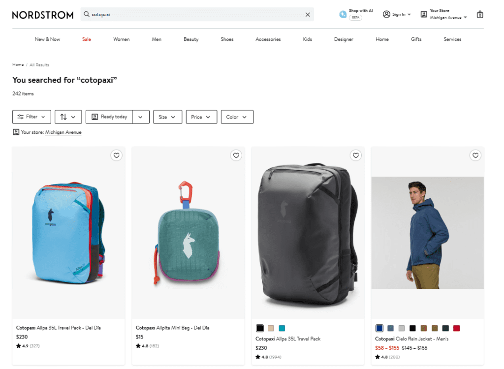 The Nordstrom online marketplace displays products from Cotopaxi. | Image credit: Nordstrom ecommerce website, June 2026