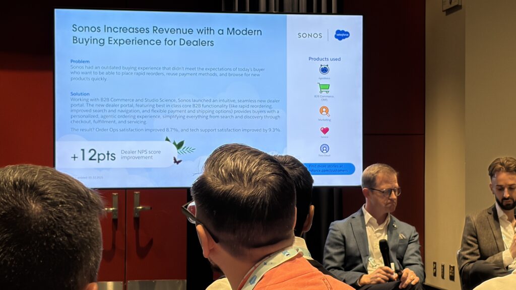 Audio technology company Sonos operates in both the B2B and B2C spaces, but a year ago, its ecommerce buying experiences were at different levels for dealers and consumers, according to James Massey, manager of CRM applications at Sonos, spoke at a roundtable session at Salesforce Connections 2026 on June 3 in Chicago. | Image credit: Abbas Haleem - Digital Commerce 360