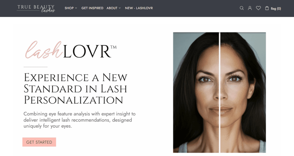 True Beauty Lashes has launched LashLovr, a virtual try-on tool, with Perfect Corp. as a way to draw ecommerce traffic and sales. | Image credit: InspireTrueBeauty.com screenshot