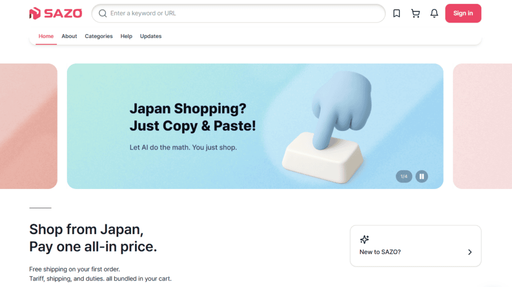 Cross-border commerce company Sazo sells products from Japan and South Korea, using agentic AI to calculate tariffs, duties and shipping. | Image credit: SazoShop.com homepage