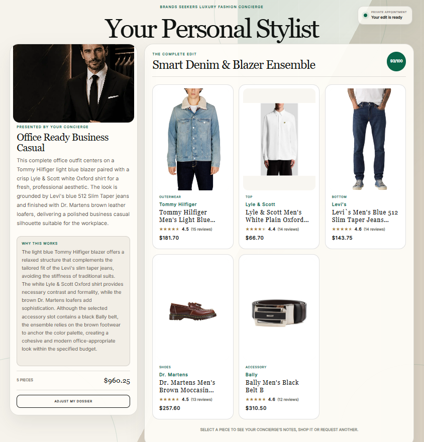 The AI-powered personal stylist on Brands Seekers' website suggests a full outfit centered around denim. | Image credit: Brands Seekers AI stylist