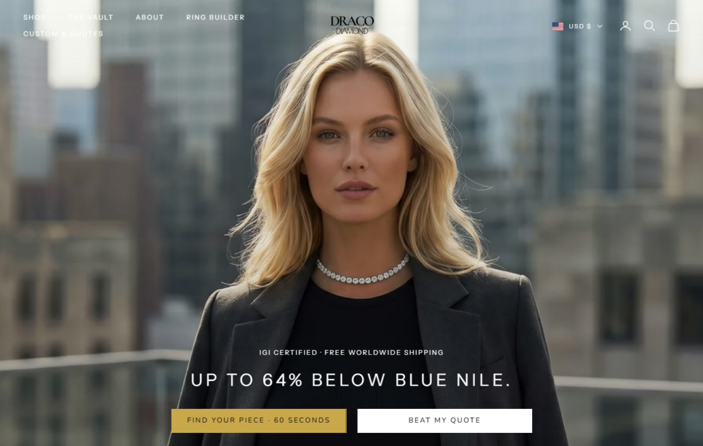 There was only a 2% increase in ROAS during the Cyber 5 in 2025 for Draco Diamond, but an AEO push and AI traffic could change that in 2026. | Image credit: Draco Diamond homepage