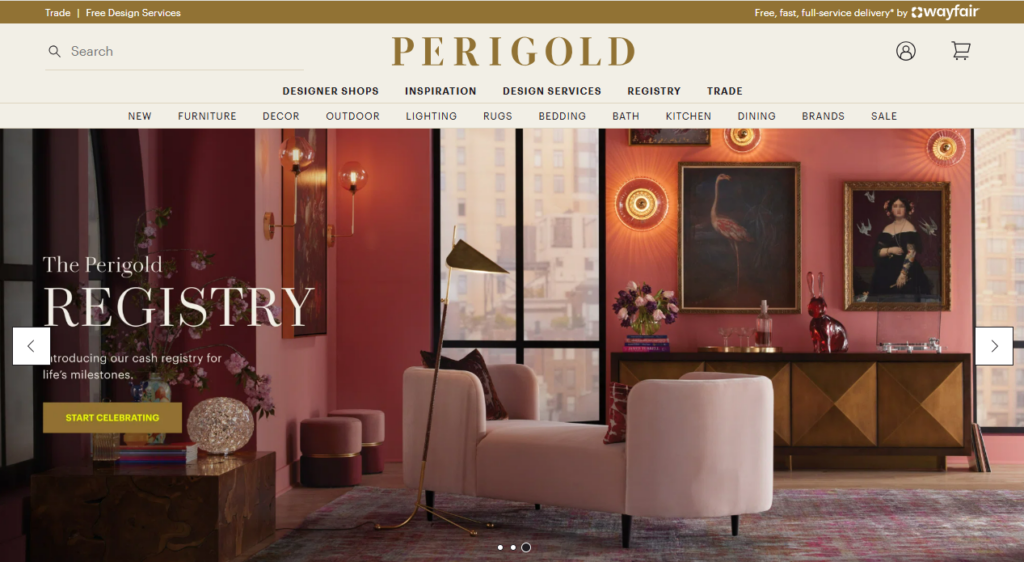 Wayfair credited its Perigold luxury banner and how it applies artificial intelligence (AI) with helping to drive the company's momentum. | Image credit: Perigold homepage