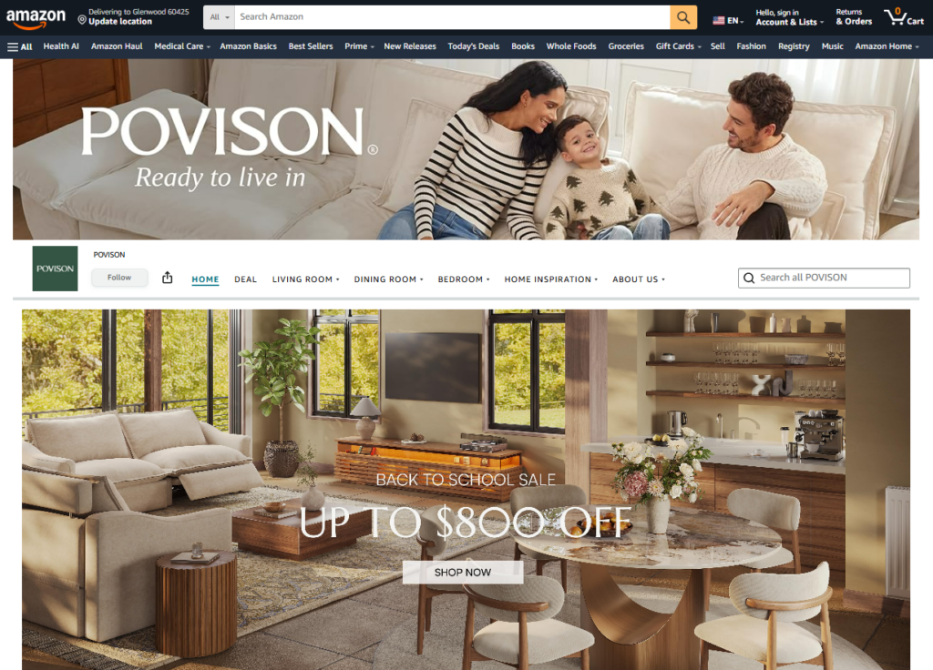 Povison features a back-to-school sale on its Amazon landing page about a month after Prime Day. | Image credit: Screenshot of Povison's brand page on Amazon