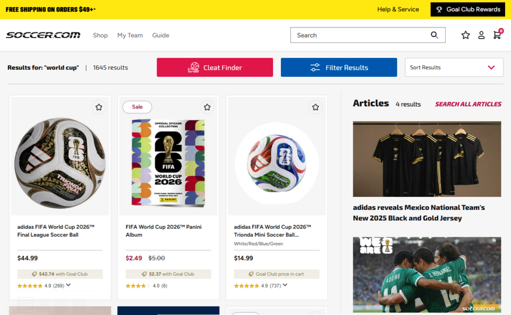 Web-only merchant Soccer.com has seen year-over-year growth leading up to, during and after the 2026 World Cup. | Image credit: Soccer.com search results page