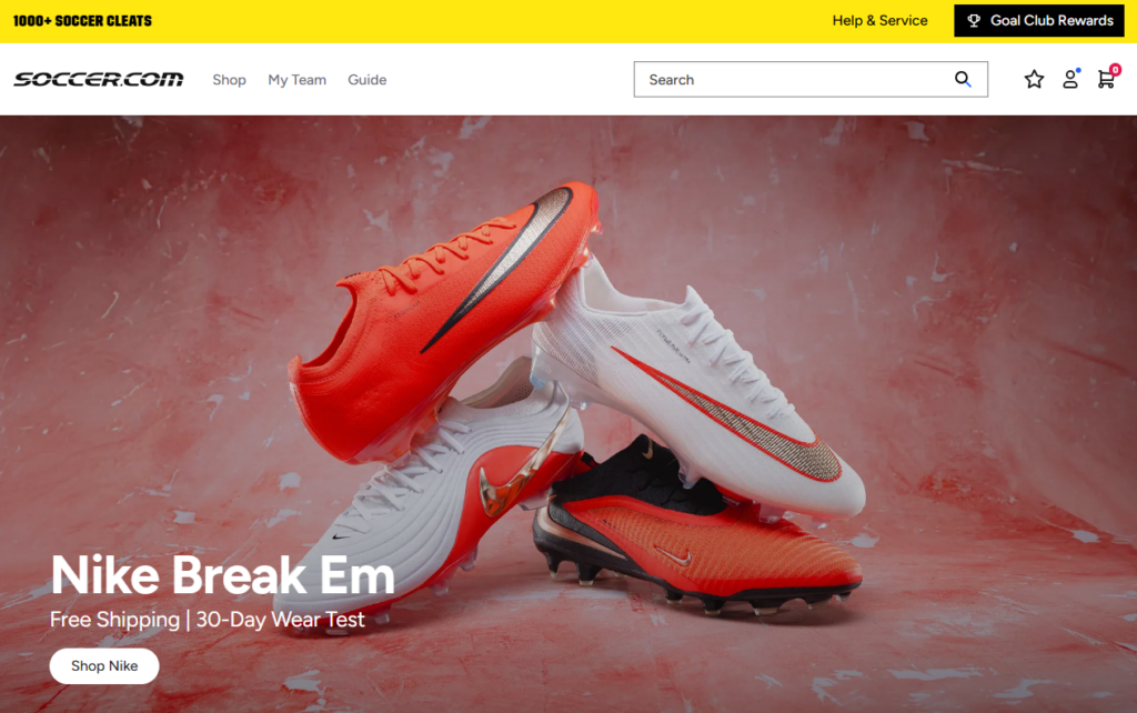 Months after the 2026 World Cup final — the event with the biggest impact on Soccer.com sales — the retailer is planning for the Cyber 5. | Image credit: Soccer.com homepage