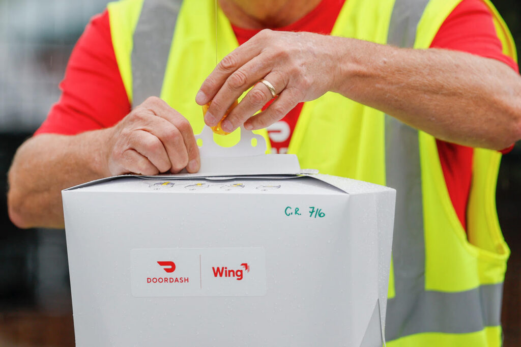 Lowe's has become the first home improvement retailer to offer drone delivery for online orders, working with Alphabet's Wing and DoorDash. | Image credit: Lowe's press materials