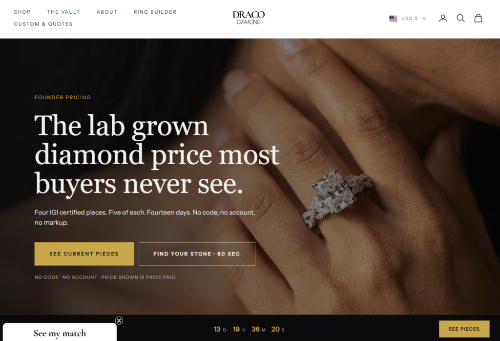 Just 14% of Draco Diamond's web traffic comes from returning users, but they account for 78% of the online jewelry retailer's sales. | Image credit: Draco Diamond website