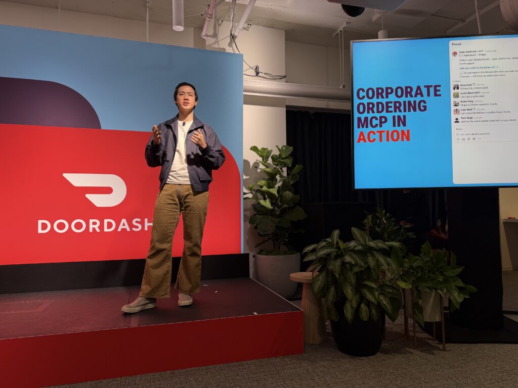 Andy Fang, co-founder and director at DoorDash, discussing DoorDash MCP at Dash Forward event in San Francisco | Image credit: Digital Commerce 360
